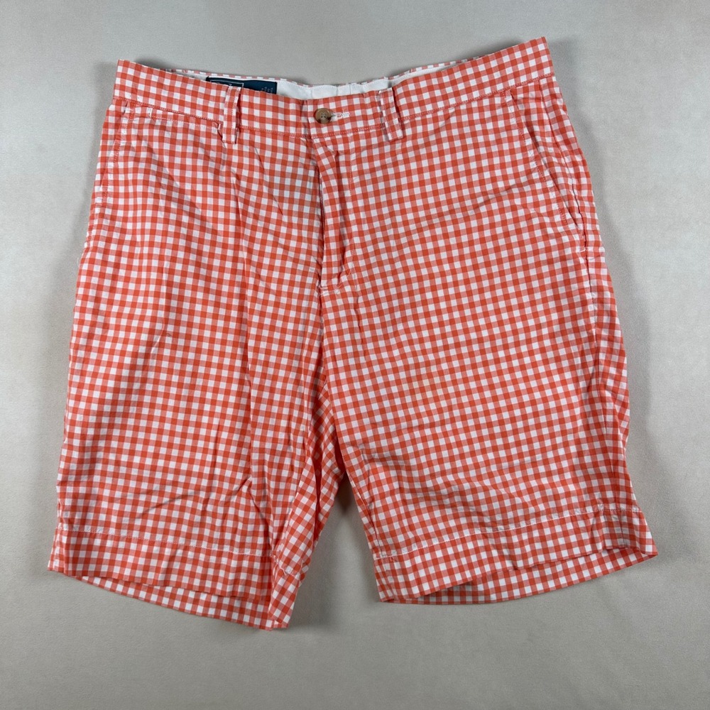 Polo Ralph Lauren Shorts Mens 33 Suffield Gingham Orange White Cotton Checkered